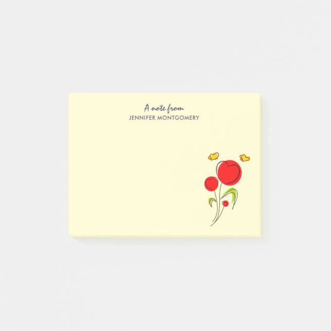 Cute Red Heart Flowers and Yellow Butterflies Post-it Notes (Front)