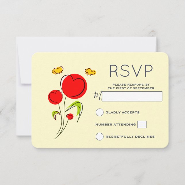 Cute Red Heart Flowers and Yellow Butterflies RSVP Card (Front)