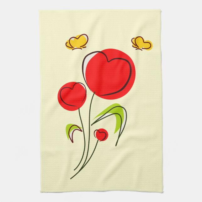 Cute Red Heart Flowers and Yellow Butterflies Tea Towel (Vertical)