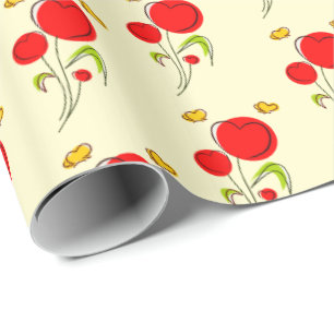 Cute Red Heart Flowers and Yellow Butterflies Wrapping Paper