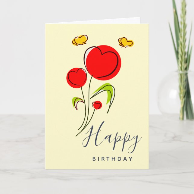 Cute Red Heart Flowers Illustration Birthday Card (Front)