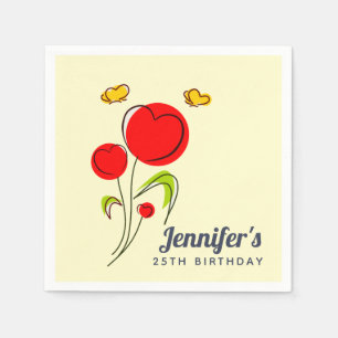 Cute Red Heart Flowers Illustration Birthday Napkin