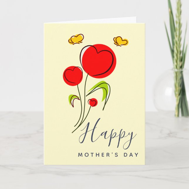 Cute Red Heart Flowers Illustration Mother's Day Card (Front)