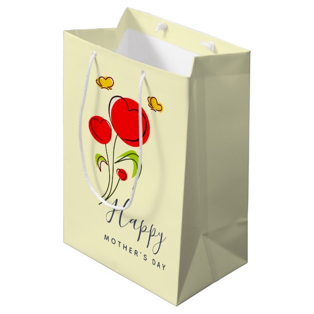 Cute Red Heart Flowers Illustration Mother's Day Medium Gift Bag (Front Angled)