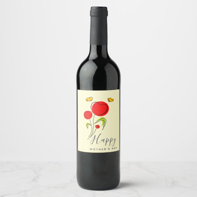Cute Red Heart Flowers Illustration Mother's Day Wine Label (Front)