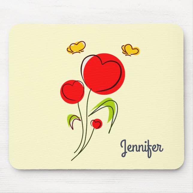 Cute Red Heart Flowers Illustration Mouse Mat (Front)