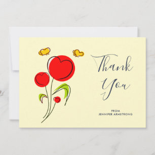 Cute Red Heart Flowers Illustration Thank You Card
