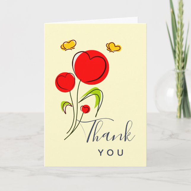 Cute Red Heart Flowers Illustration Thank You Card (Front)