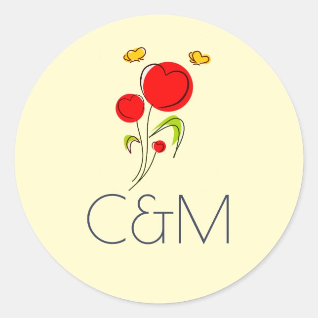 Cute Red Heart Flowers Illustration Wedding Classic Round Sticker (Front)