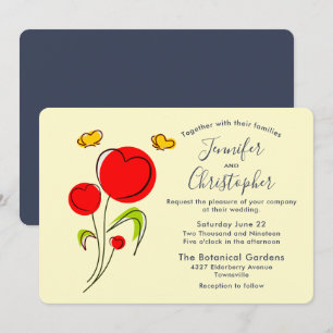 Cute Red Heart Flowers Illustration Wedding Invitation