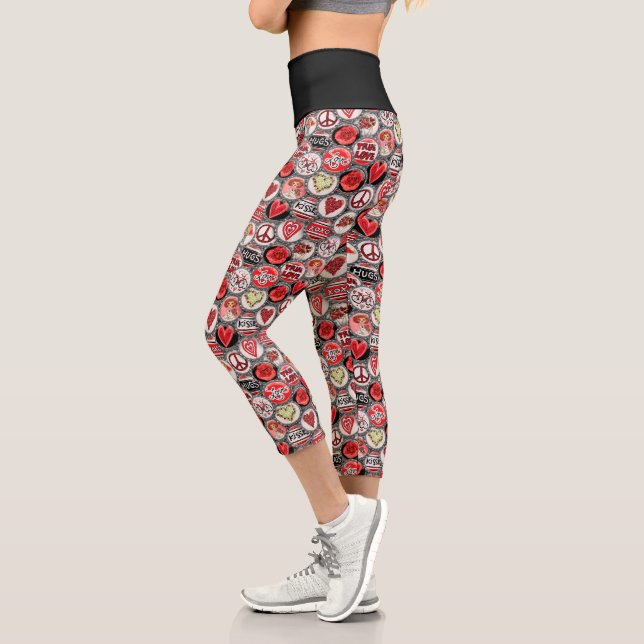 Cute Red Heart Love Peace Bottle Caps Pattern Capri Leggings (Left)