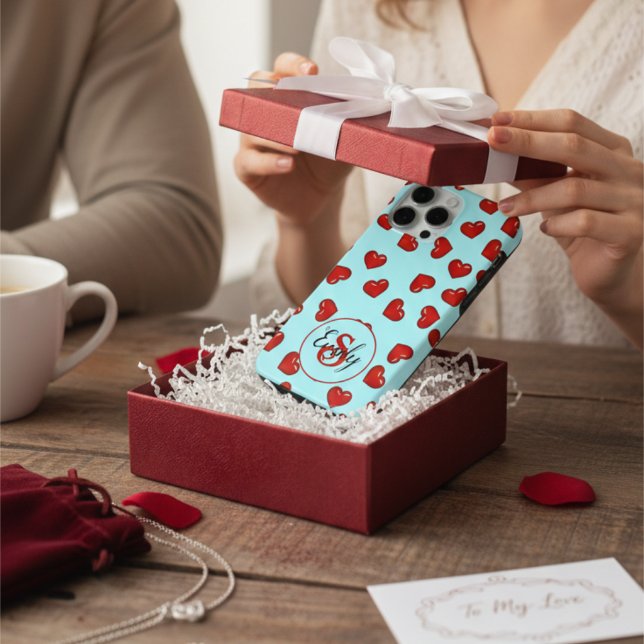 Cute Red Heart Pattern on Blue | Custom Monogram iPhone Case (Creator Uploaded)