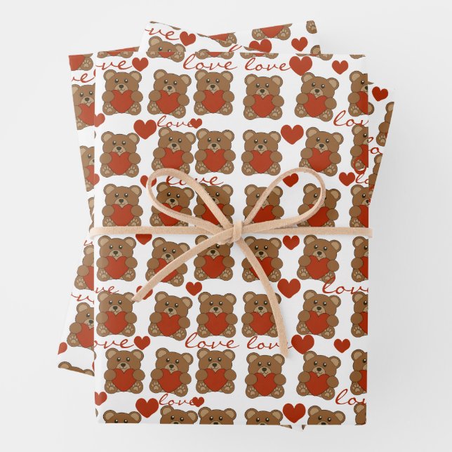 Cute Red Heart Pattern Teddy bear Valentines Day  Wrapping Paper Sheet (In situ)