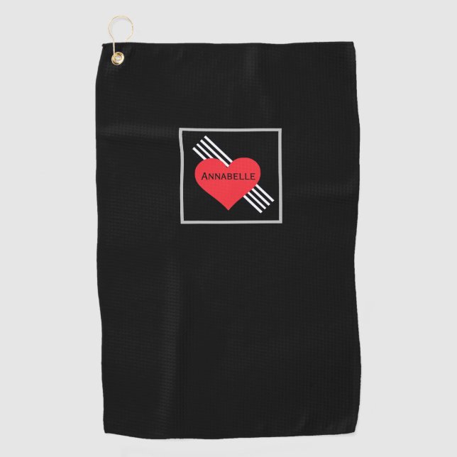 Cute Red Heart Personalised Name Cool Chic For Her Golf Towel (Front)