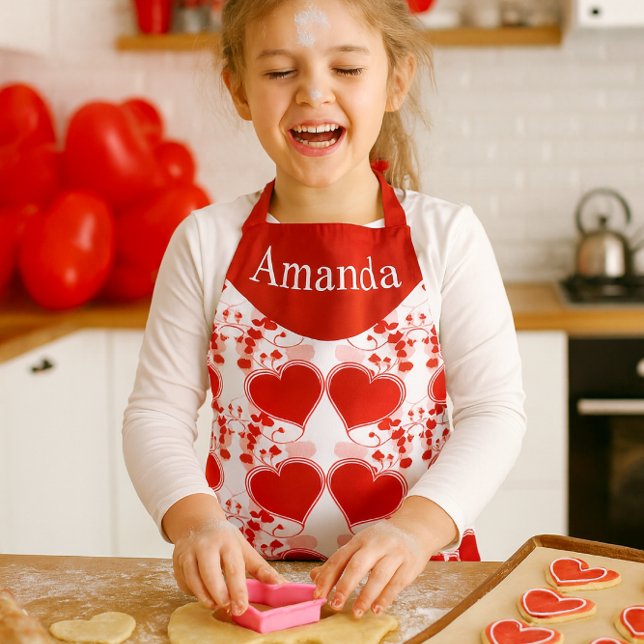 Cute Red Heart Personalised Valentine's Day  Apron (Create cherished Valentine's Day memories while baking cookies in a personalized red heart apron.)
