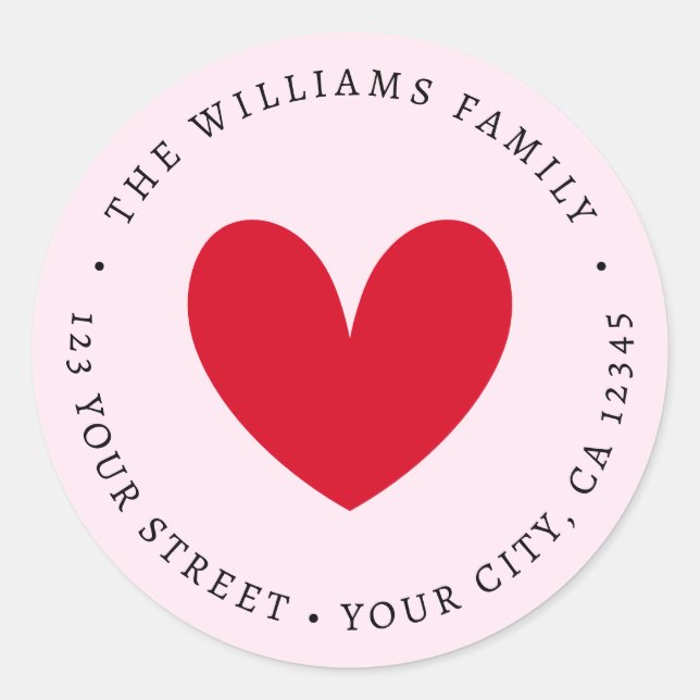 Cute red heart pink return address classic round sticker (Front)