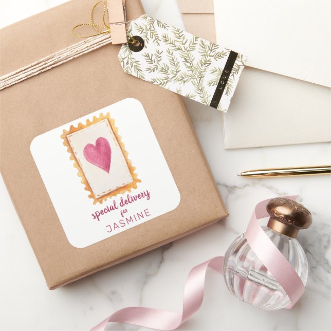 Cute Red Heart Stamp Special Delivery Valentines  Square Sticker (Gifting)