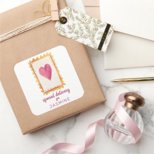 Cute Red Heart Stamp Special Delivery Valentines  Square Sticker