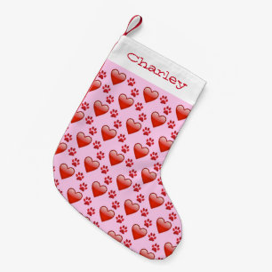 Cute Red Hearts and Paw Prints Add Pet's Name Small Christmas Stocking