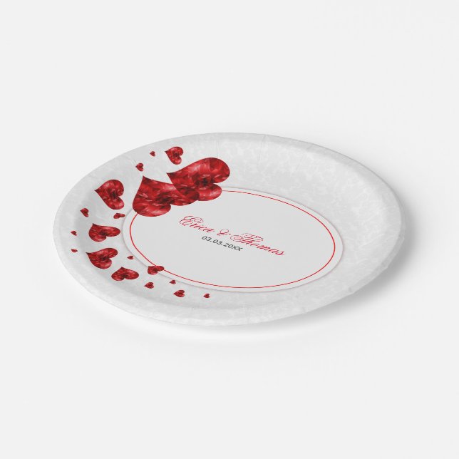 Cute Red Hearts And White Damask Paper Plate (Angled)