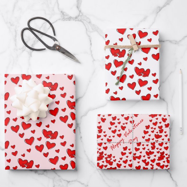 Cute Red Hearts Pattern Valentine's Day Set of 3 Wrapping Paper Sheet (Front)