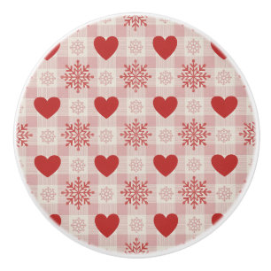 Cute Red Hearts Pink Snowflake Plaid Pattern Ceramic Knob