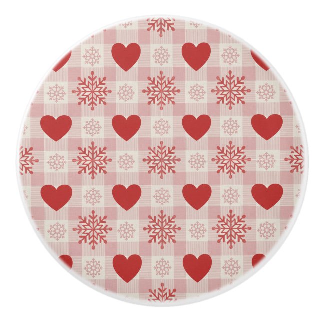 Cute Red Hearts Pink Snowflake Plaid Pattern  Ceramic Knob (Front)