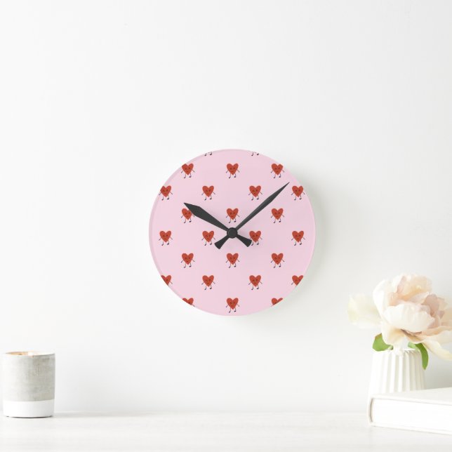 Cute Red Hearts Seamless Love Pattern on Pink Round Clock (Home)