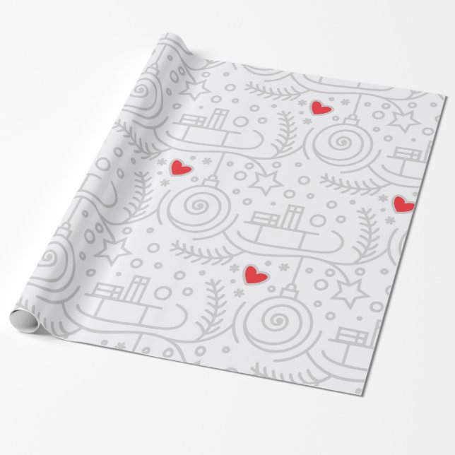Cute Red Hearts Whimsical Christmas Holiday Wrapping Paper (Unrolled)