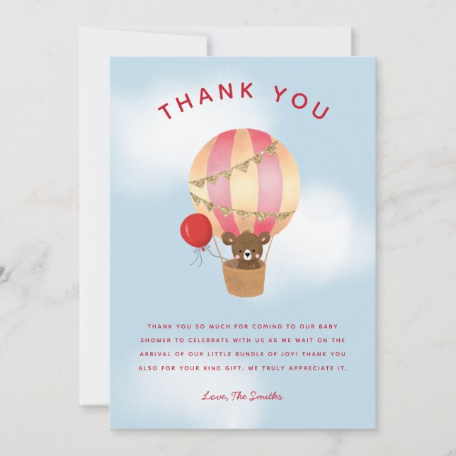 Cute Red Hot Air Balloon Baby Shower Thank You Card (Front)