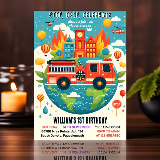Cute Red Hot Fire Truck Engine Safety 1st birthday Invitation (Creator Uploaded)