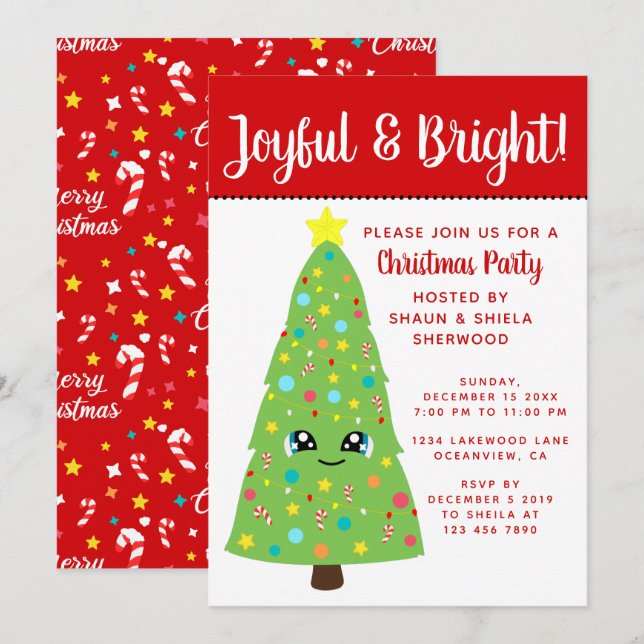 Cute Red Kawaii Christmas Tree Kid's Xmas Party Invitation (Front/Back)
