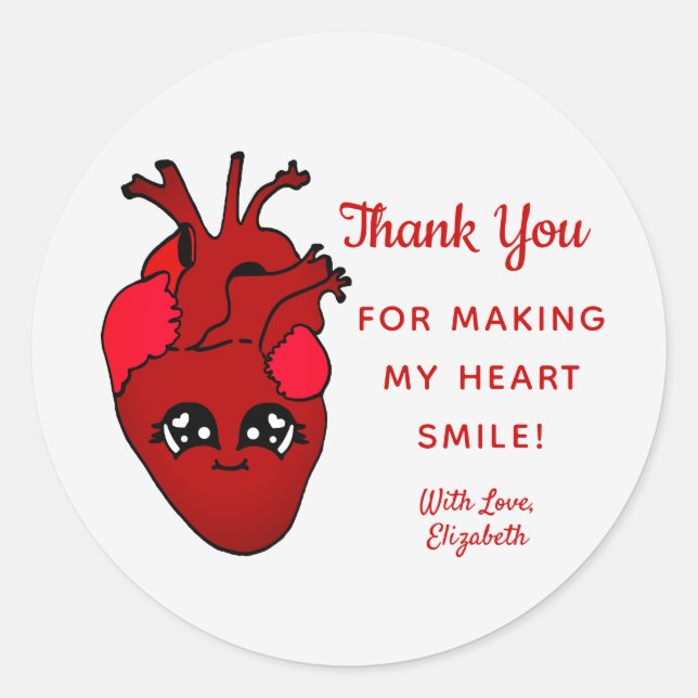 Cute Red Kawaii Heart Valentine's Day Thank You Classic Round Sticker (Front)