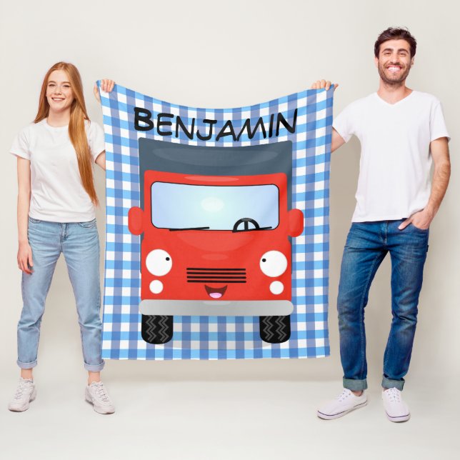 Cute red kawaii truck cartoon illustration fleece blanket (In Situ)