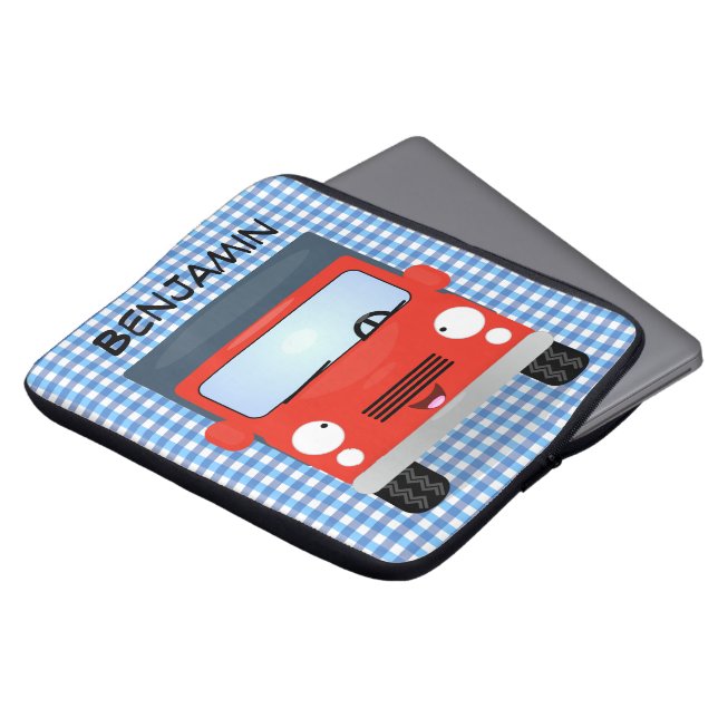 Cute red kawaii truck cartoon illustration laptop sleeve (Front Top)