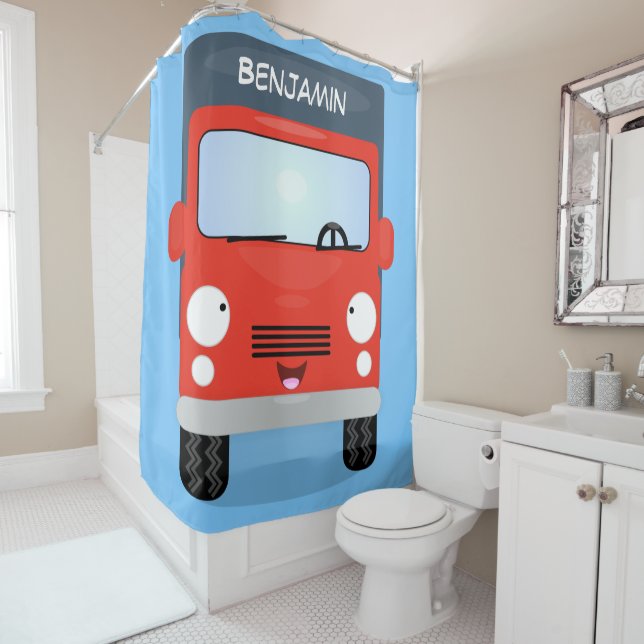 Cute red kawaii truck cartoon illustration shower curtain (In Situ)