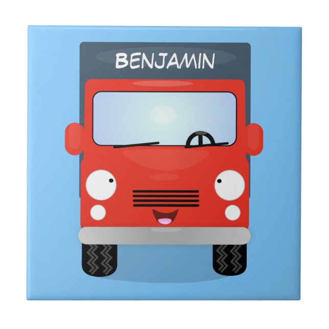 Cute red kawaii truck cartoon illustration tile (Front)