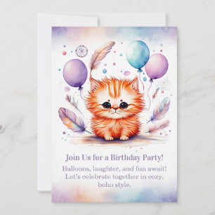 Cute Red Kitten Birthday Invitation Pastel Boho 