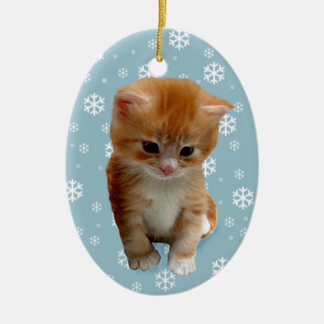 Cute red kitten, snowflakes on blue ornament (Front)