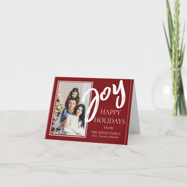 Cute Red Knit Pattern Joy Photo Folded Holiday Card (Front)