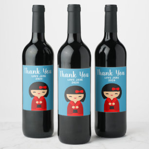 Cute Red Kokeshi Japanese dolls Wine Label