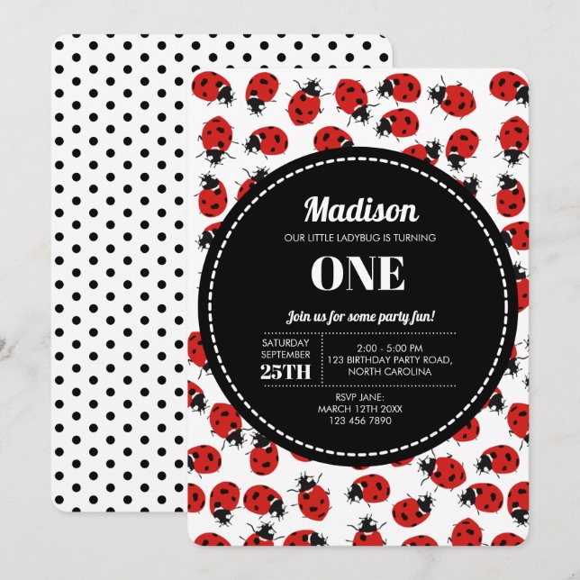 Cute Red Ladybug Birthday  Invitation (Front/Back)