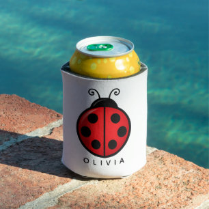Cute Red Ladybug Custom Name Graphic Art Can Cooler