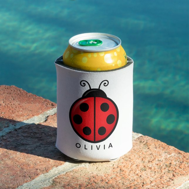 Cute Red Ladybug Custom Name Graphic Art Can Cooler (In Situ Pool)