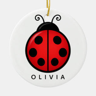 Cute Red Ladybug Custom Name Graphic Art Ceramic Tree Decoration