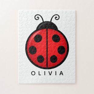 Cute Red Ladybug Custom Name Graphic Art Jigsaw Puzzle