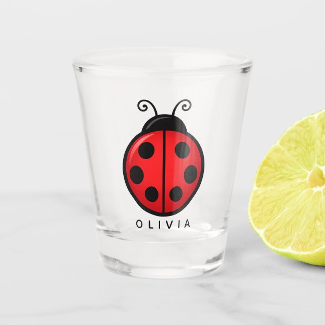 Cute Red Ladybug Custom Name Graphic Art Shot Glass (Front)