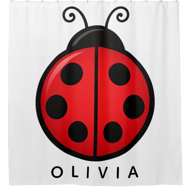 Cute Red Ladybug Custom Name Graphic Art Shower Curtain (Front)