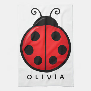 Cute Red Ladybug Custom Name Graphic Art Tea Towel