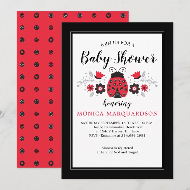 Cute Red Ladybug Girl Baby Shower Invitation (Front/Back)